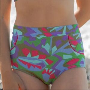 Seea High-Waist Bikini Bottom in Green, Purple, Blue & Red Abstract Print